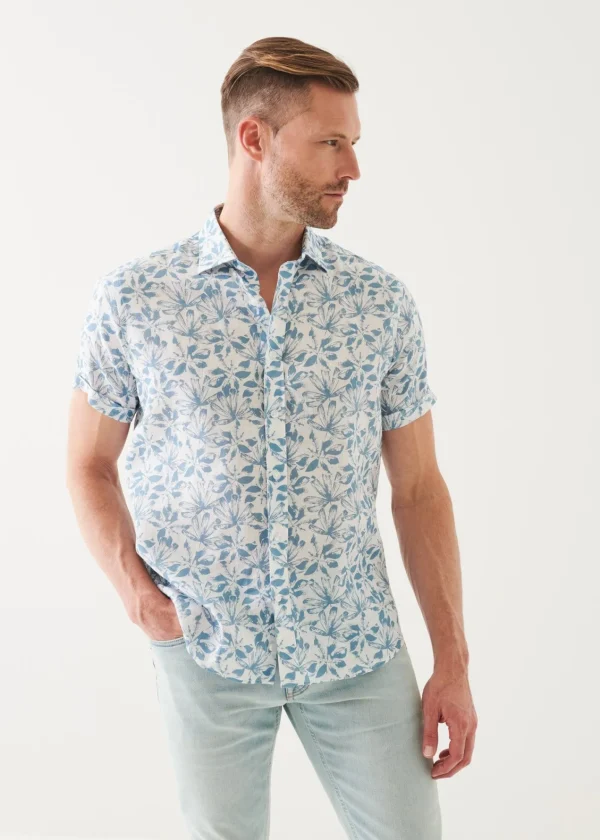 PATRICK ASSARAF Floral Print Linen Short Sleeve Shirt | Men Shirts