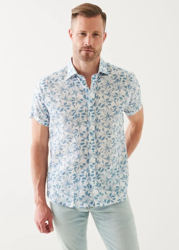 PATRICK ASSARAF Floral Print Linen Short Sleeve Shirt | Men Shirts
