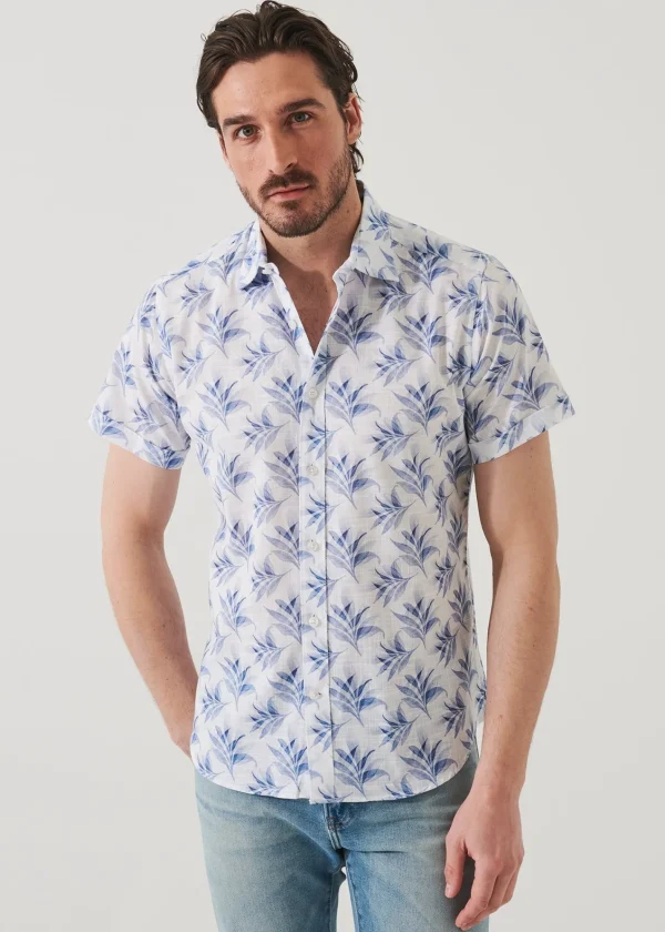 PATRICK ASSARAF Leaf Print Cotton Short Sleeve Shirt | Men Shirts