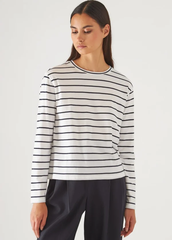 PATRICK ASSARAF Organic Pima Cotton Stripe Boyfriend Long Sleeve Crew | Women T-Shirts